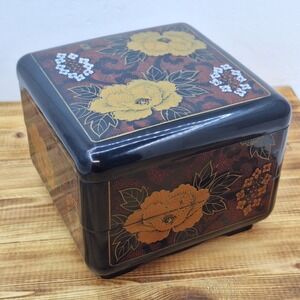 Floral Black Lacquered Jewelry Box 2 Tier With Lid Made in‎ Taiwan VTG Interpur